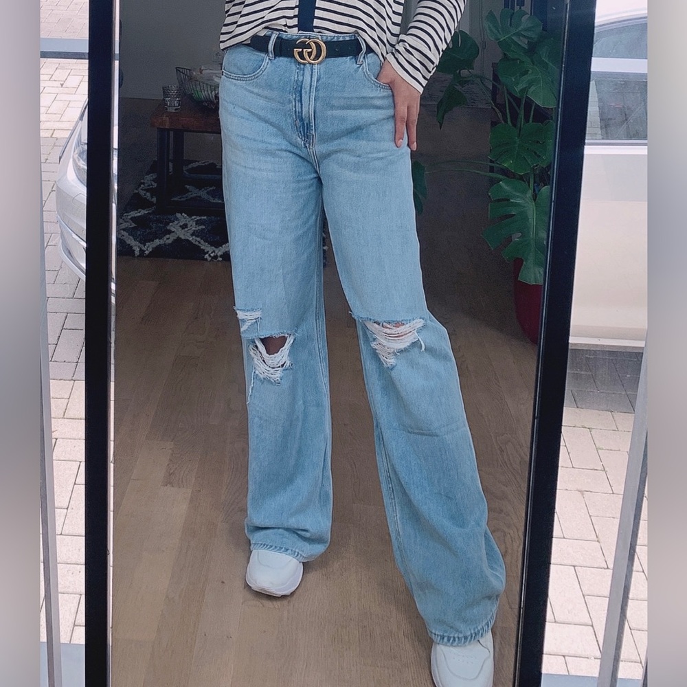 MOTHER Light Blue Distressed Wide Leg Jeans